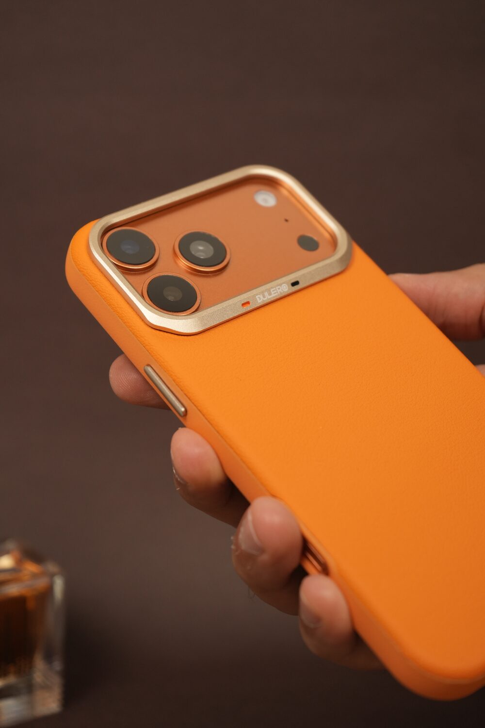 iPhone 17 Pro Max PU Leather Case with Gold Metal Camera Frame | Shockproof & Anti-Fingerprint
