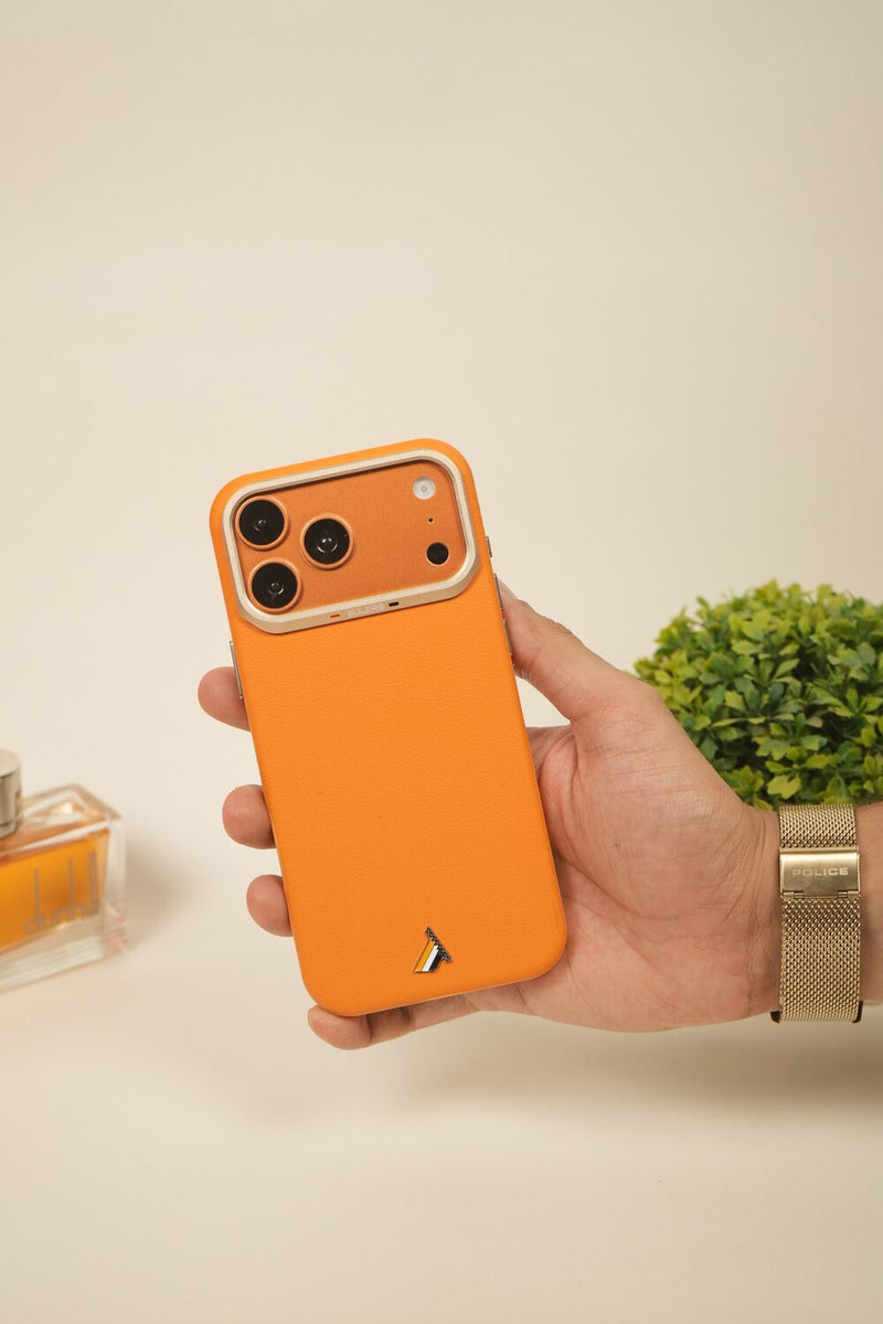 iPhone 17 Pro Max PU Leather Case with Gold Metal Camera Frame | Shockproof & Anti-Fingerprint
