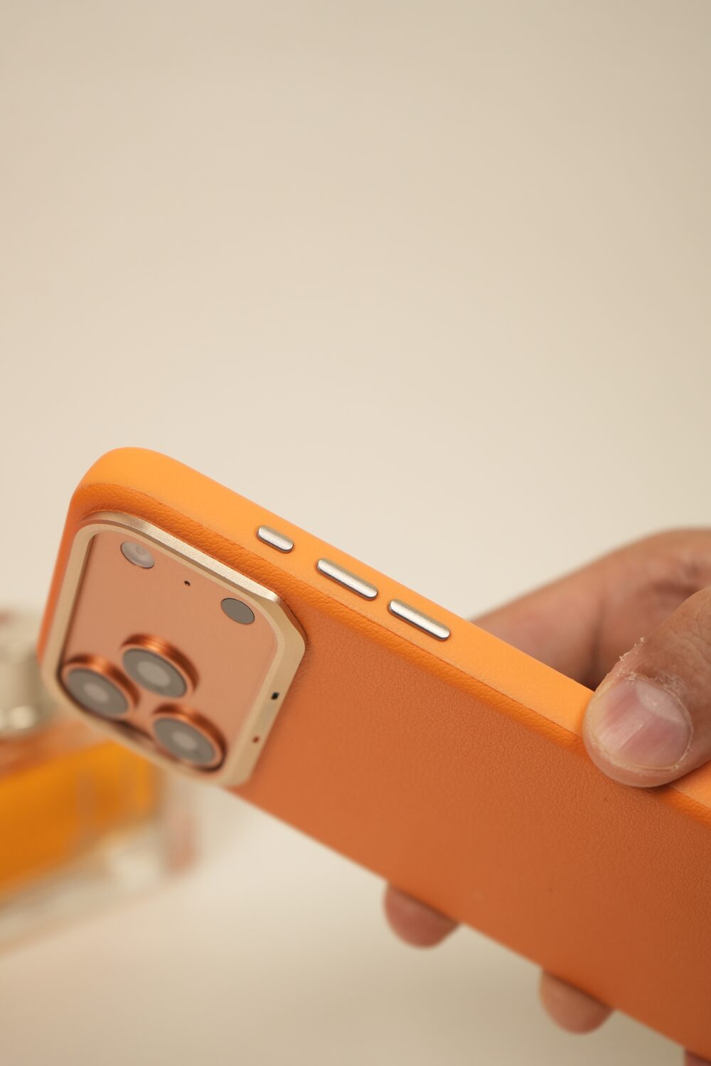 iPhone 17 Pro Max PU Leather Case with Gold Metal Camera Frame | Shockproof & Anti-Fingerprint