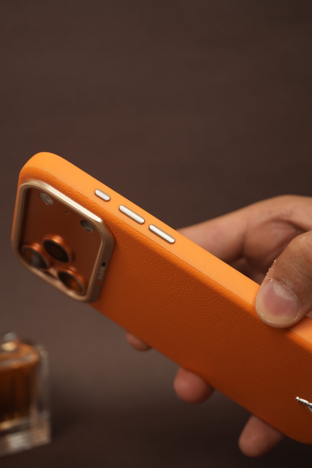 iPhone 17 Pro Max PU Leather Case with Gold Metal Camera Frame | Shockproof & Anti-Fingerprint