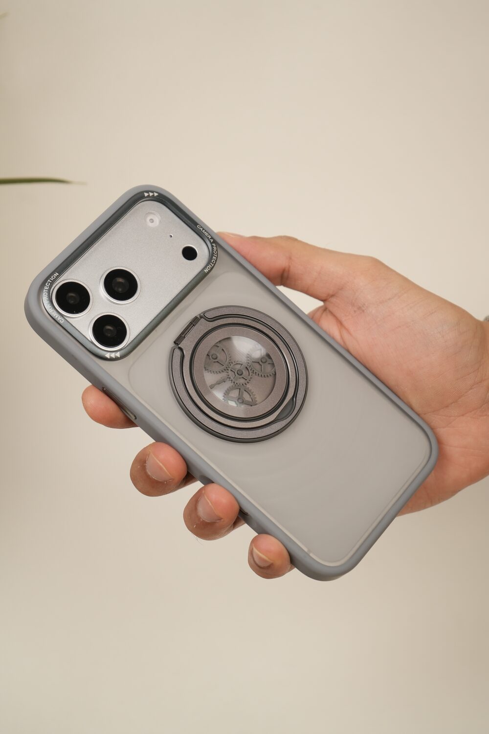 iPhone 17 Pro Max  Frosted MagSafe Case with Mechanical Gear 360° Rotating Ring Stand | Camera Protection