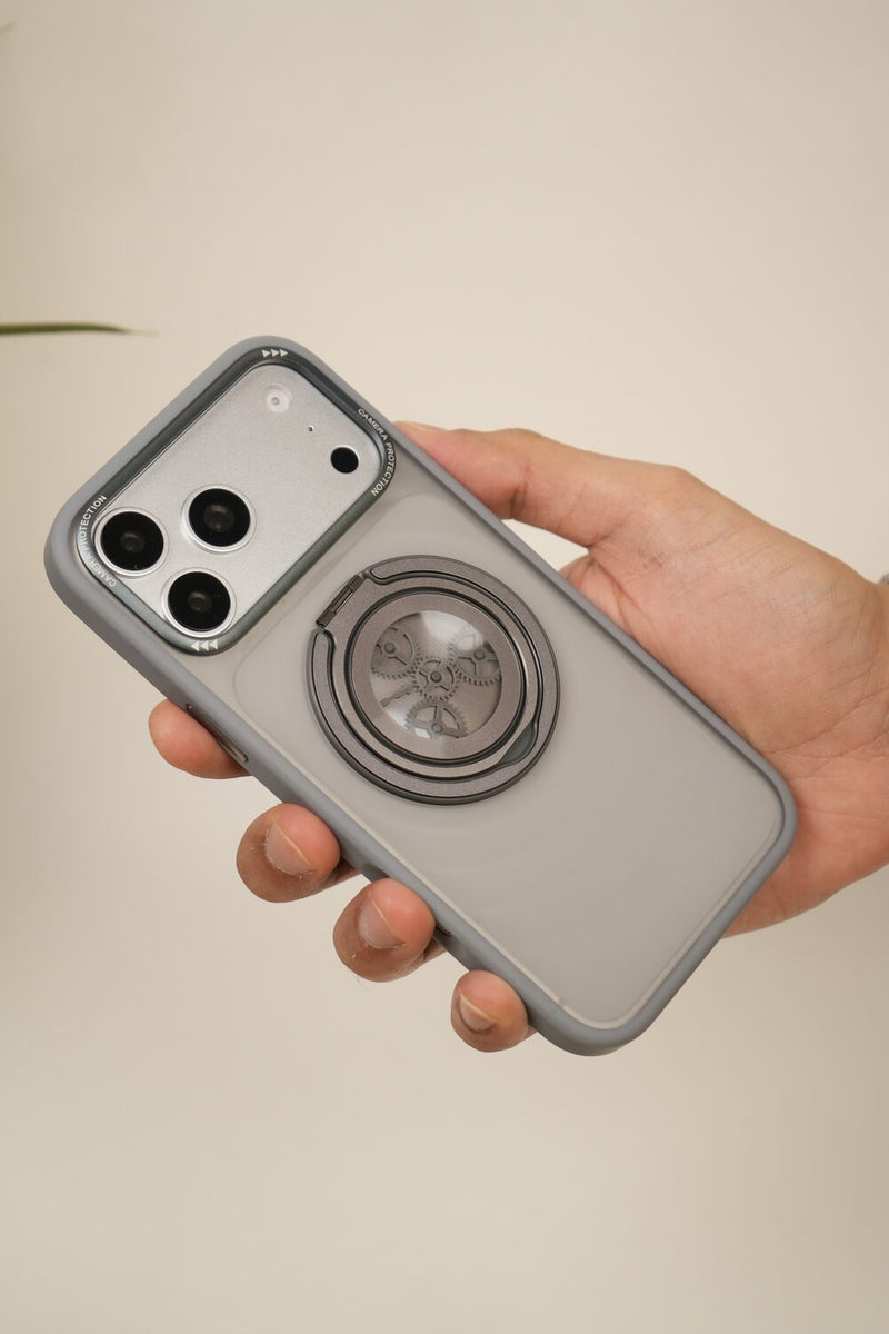 iPhone 17 Pro Max  Frosted MagSafe Case with Mechanical Gear 360° Rotating Ring Stand | Camera Protection