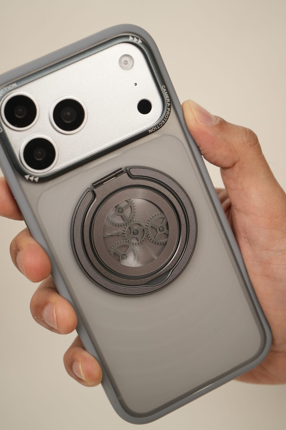 iPhone 17 Pro Max  Frosted MagSafe Case with Mechanical Gear 360° Rotating Ring Stand | Camera Protection