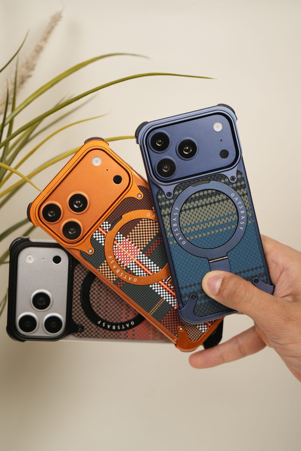 iPhone 17 Pro Max / 16 Pro Max Woven Plaid MagSafe Case with Rotating Ring Stand | Frameless Alloy Edition