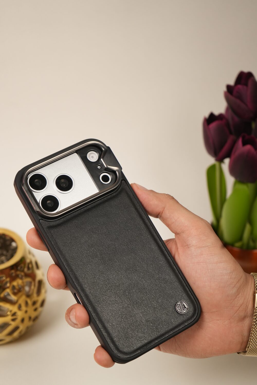 iPhone 17 Pro Max Genuine Leather Case with Metal Camera Frame & Microfiber Lining