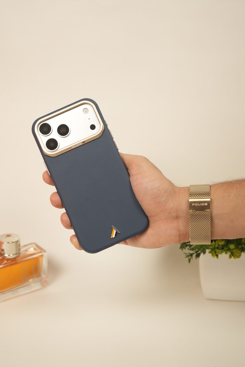 iPhone 17 Pro Max PU Leather Case with Gold Metal Camera Frame | Shockproof & Anti-Fingerprint