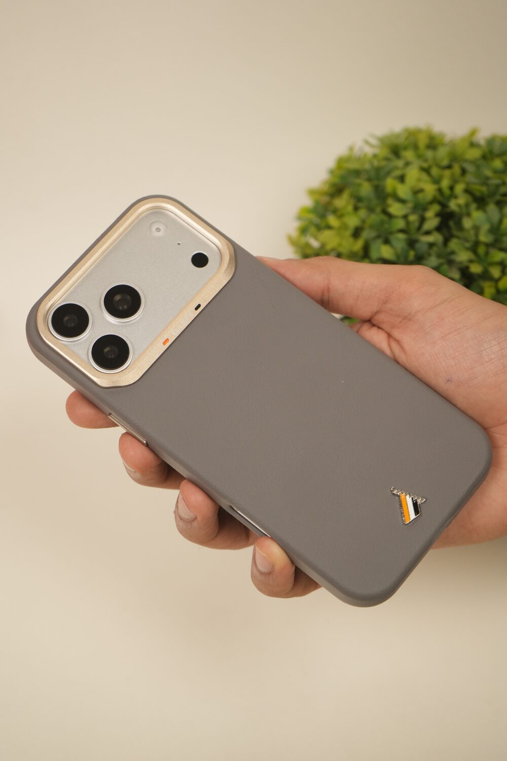 iPhone 17 Pro Max PU Leather Case with Gold Metal Camera Frame | Shockproof & Anti-Fingerprint