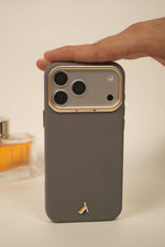 iPhone 17 Pro Max PU Leather Case with Gold Metal Camera Frame | Shockproof & Anti-Fingerprint