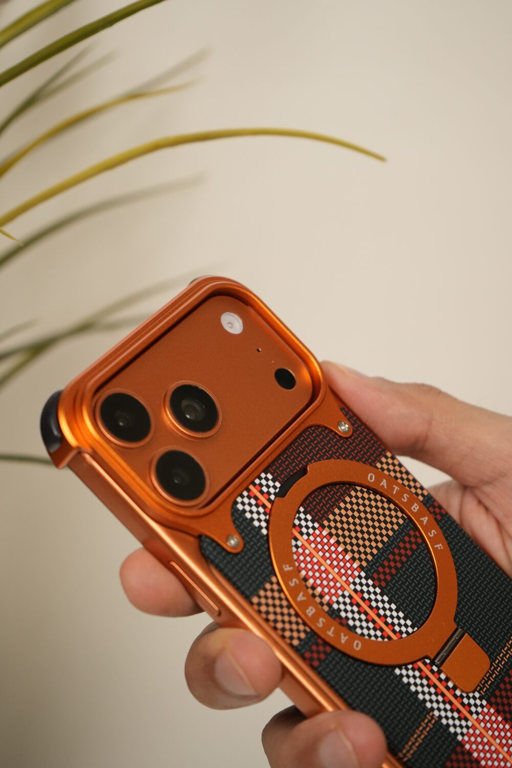 iPhone 17 Pro Max / 16 Pro Max Woven Plaid MagSafe Case with Rotating Ring Stand | Frameless Alloy Edition