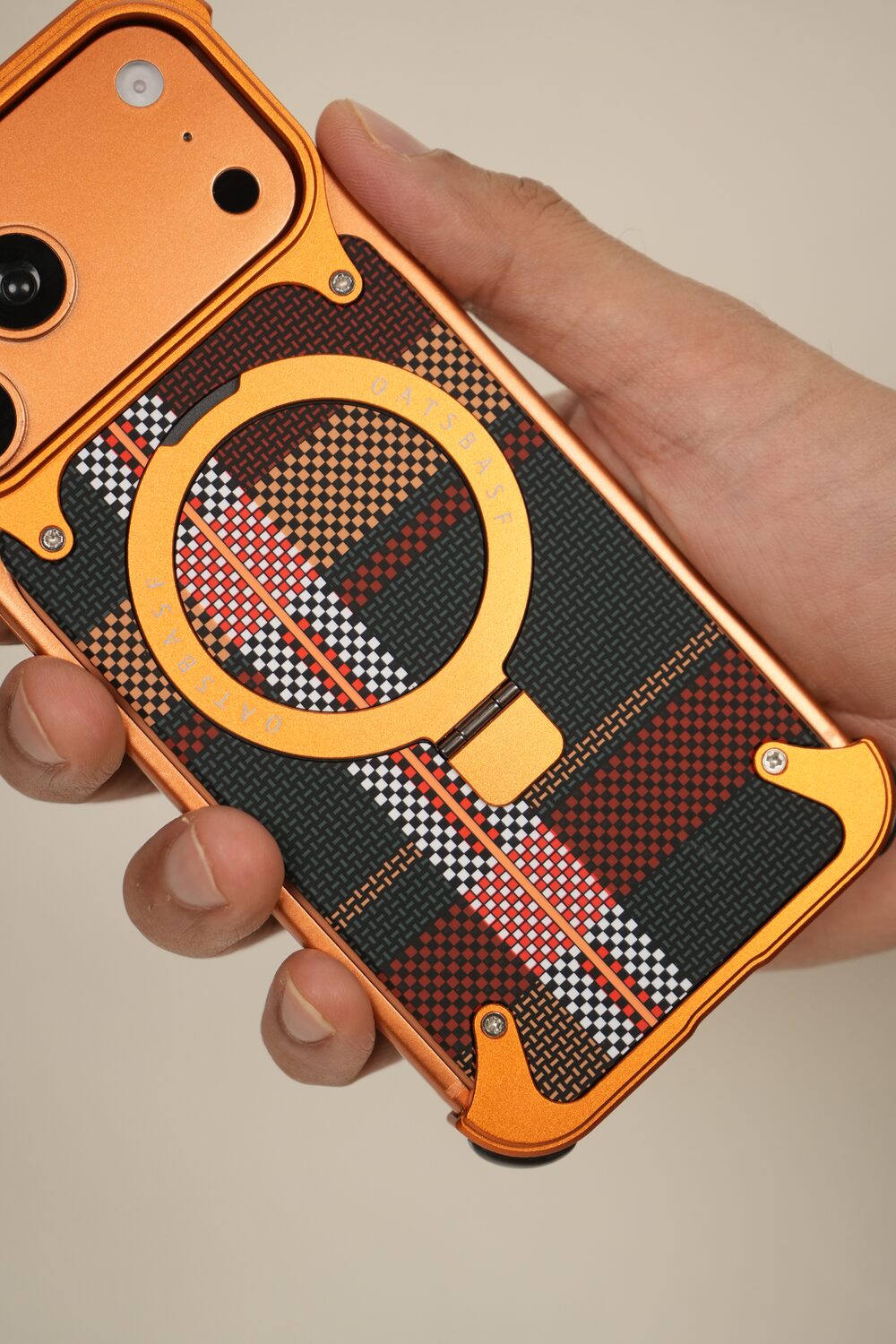 iPhone 17 Pro Max / 16 Pro Max Woven Plaid MagSafe Case with Rotating Ring Stand | Frameless Alloy Edition
