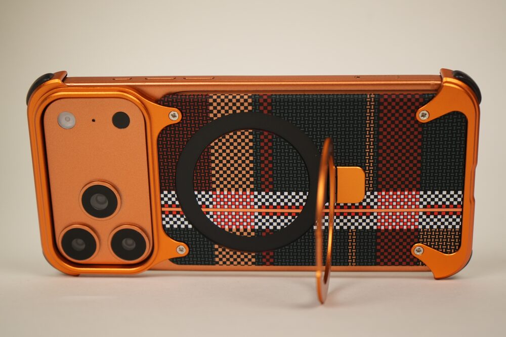 iPhone 17 Pro Max / 16 Pro Max Woven Plaid MagSafe Case with Rotating Ring Stand | Frameless Alloy Edition