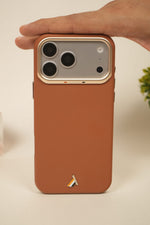 iPhone 17 Pro Max PU Leather Case with Gold Metal Camera Frame | Shockproof & Anti-Fingerprint