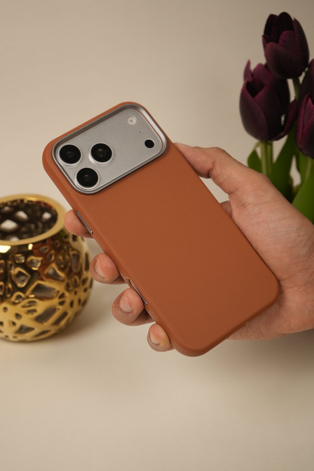 iPhone 17 Pro PU Leather Case with Metal Camera Frame & Built-in MagSafe Back Cover