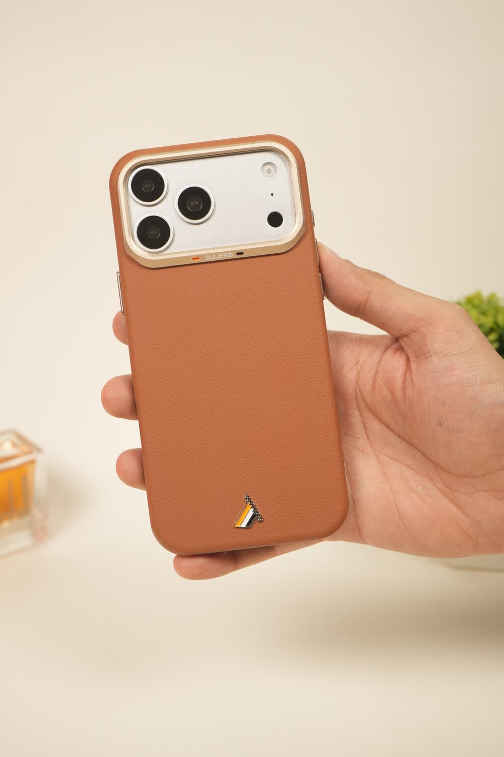 iPhone 17 Pro Max PU Leather Case with Gold Metal Camera Frame | Shockproof & Anti-Fingerprint