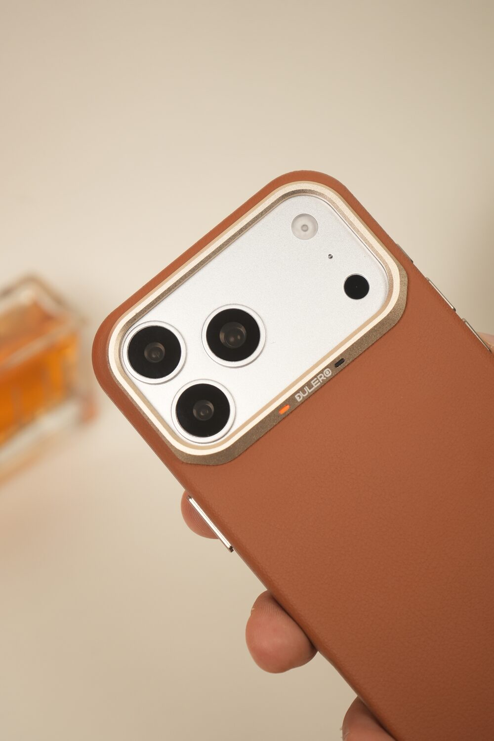 iPhone 17 Pro Max PU Leather Case with Gold Metal Camera Frame | Shockproof & Anti-Fingerprint