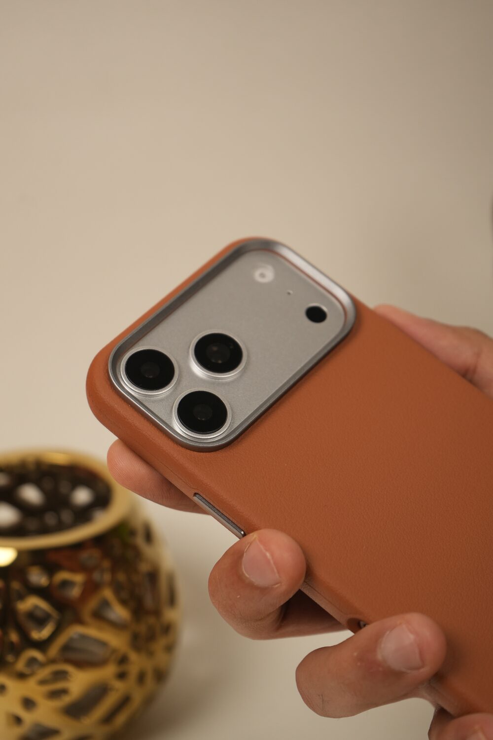 iPhone 17 Pro PU Leather Case with Metal Camera Frame & Built-in MagSafe Back Cover