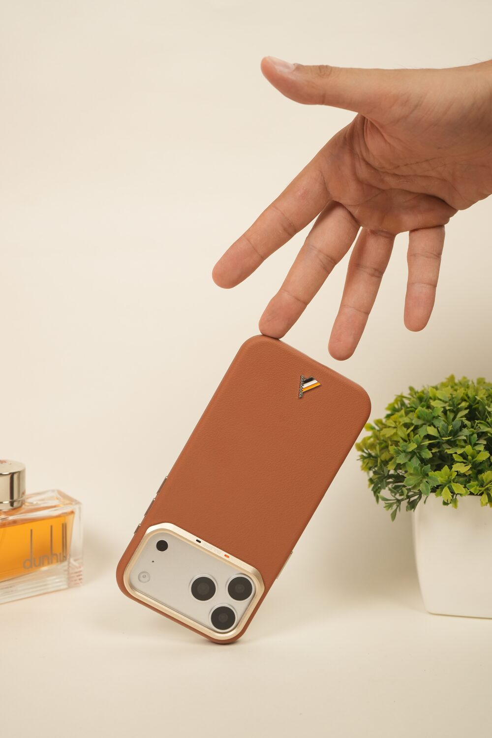 iPhone 17 Pro Max PU Leather Case with Gold Metal Camera Frame | Shockproof & Anti-Fingerprint