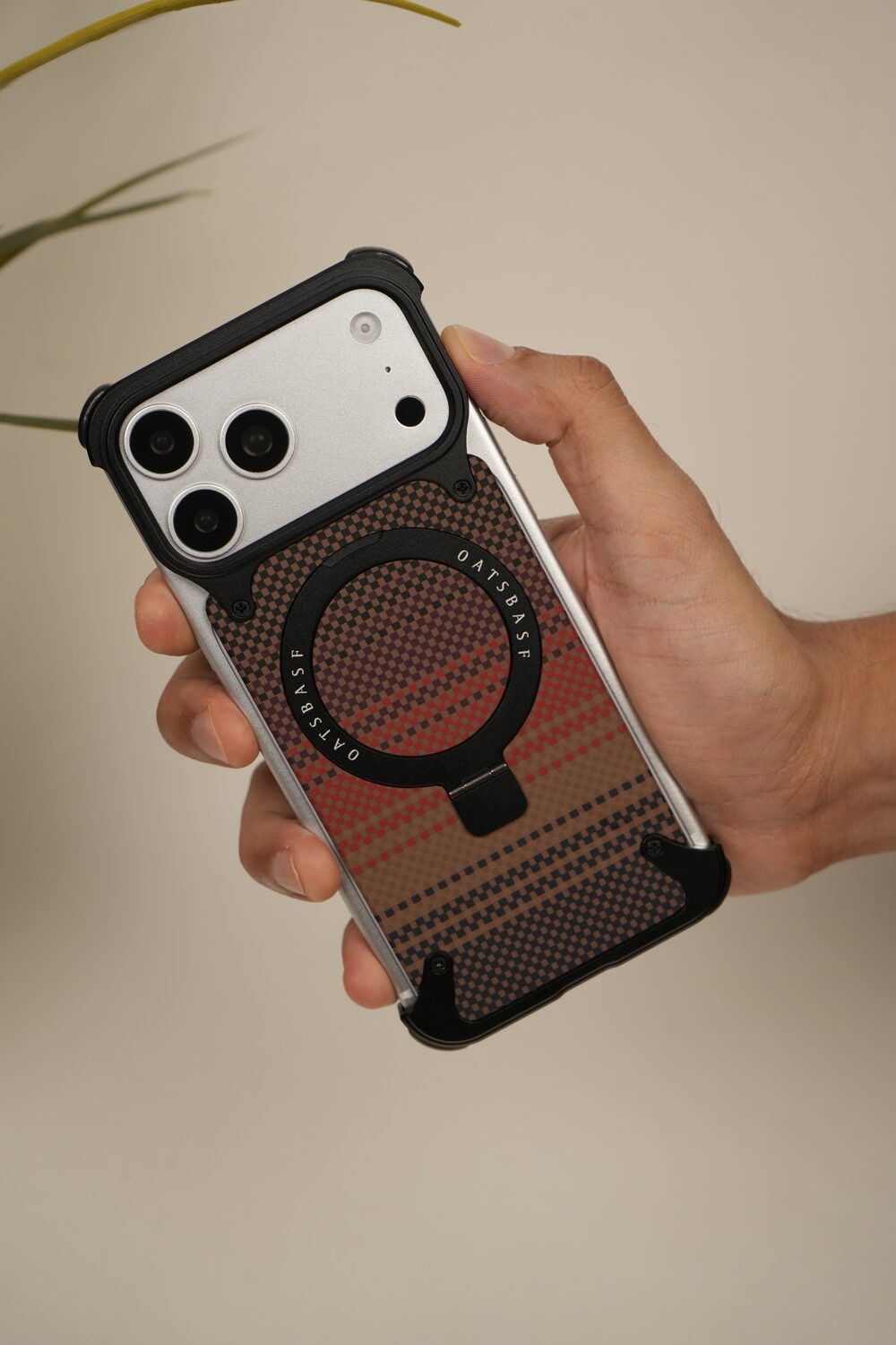 iPhone 17 Pro Max / 16 Pro Max Woven Plaid MagSafe Case with Rotating Ring Stand | Frameless Alloy Edition