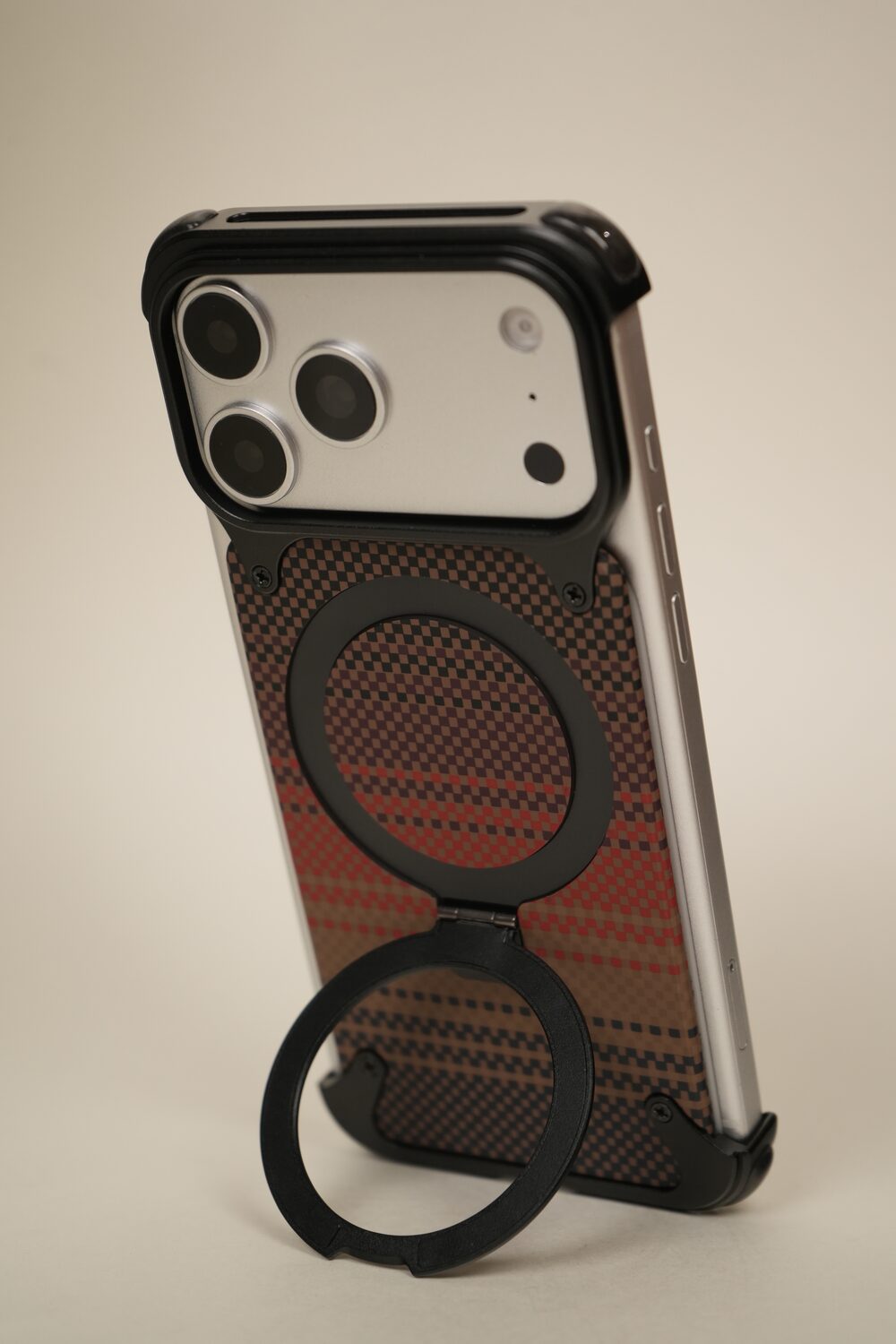 iPhone 17 Pro Max / 16 Pro Max Woven Plaid MagSafe Case with Rotating Ring Stand | Frameless Alloy Edition