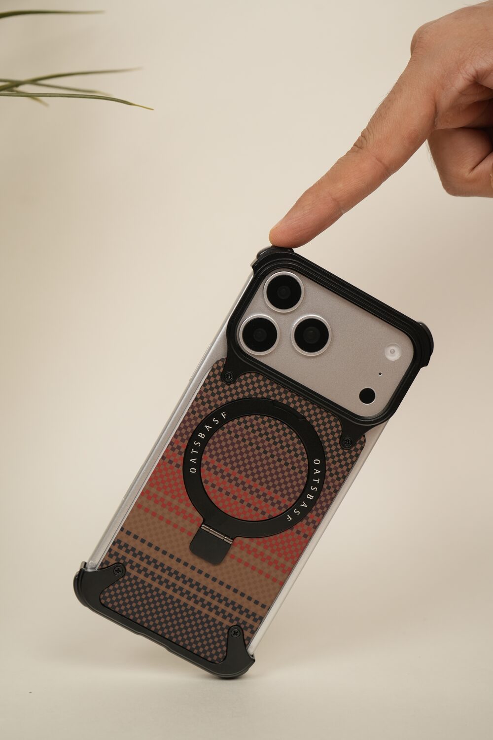 iPhone 17 Pro Max / 16 Pro Max Woven Plaid MagSafe Case with Rotating Ring Stand | Frameless Alloy Edition
