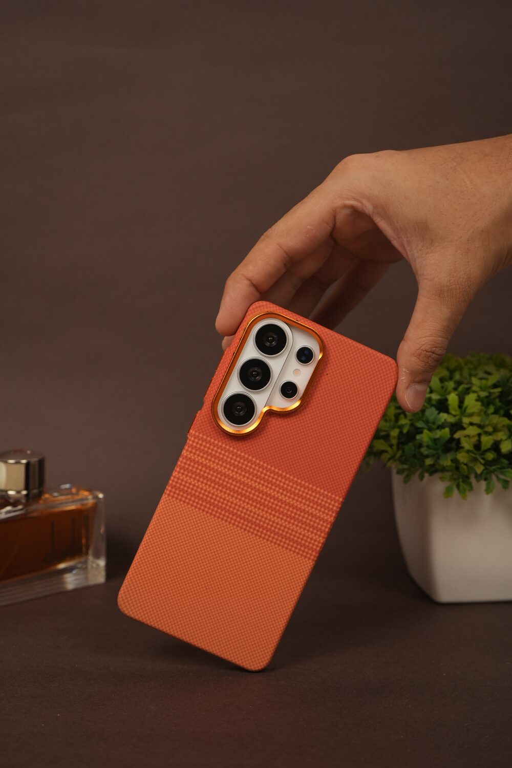 Samsung Galaxy S26 Ultra Carbon Texture Case with Gold Camera Ring — Terracotta Orange