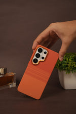 Samsung Galaxy S26 Ultra Carbon Texture Case with Gold Camera Ring — Terracotta Orange