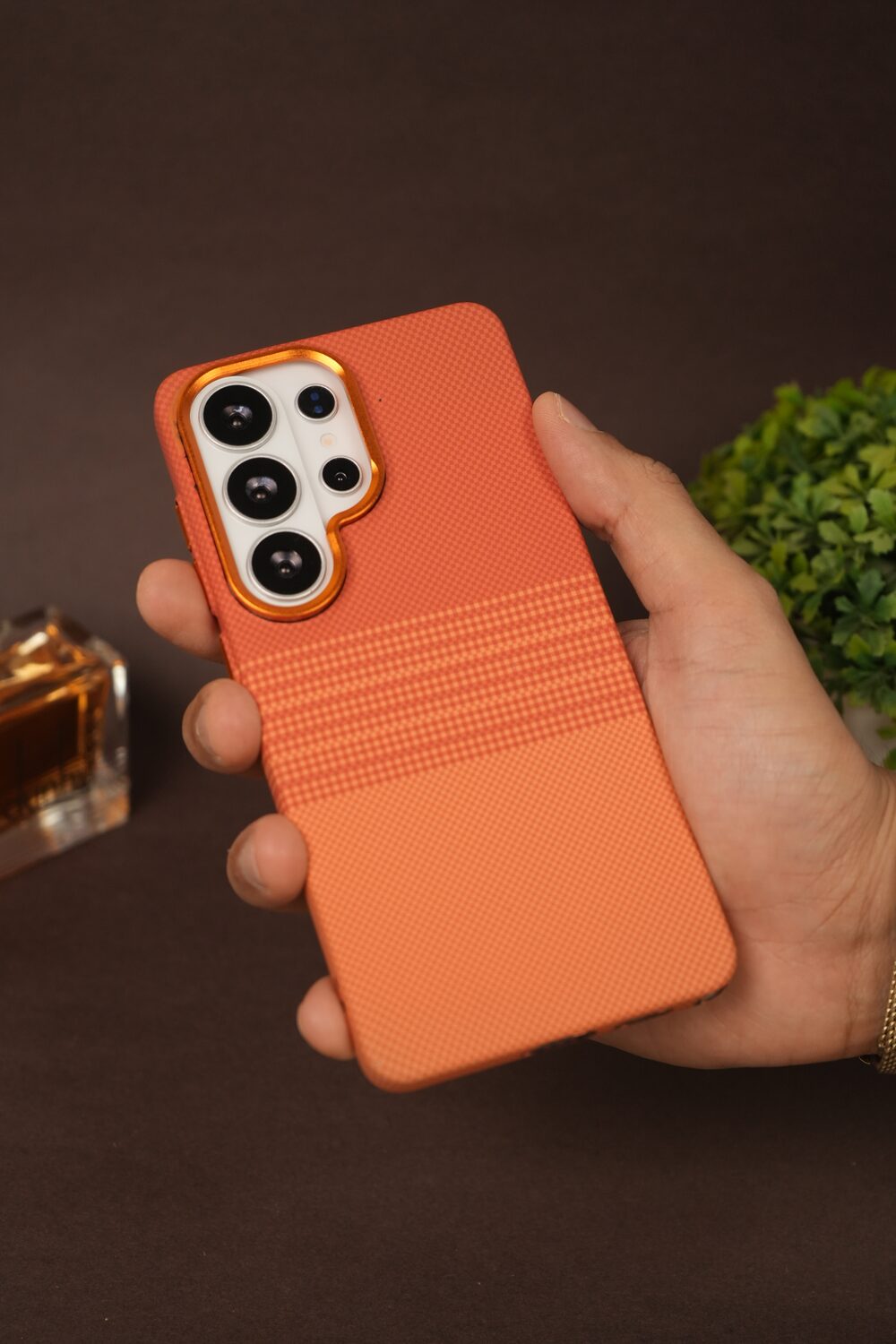 Samsung Galaxy S26 Ultra Carbon Texture Case with Gold Camera Ring — Terracotta Orange