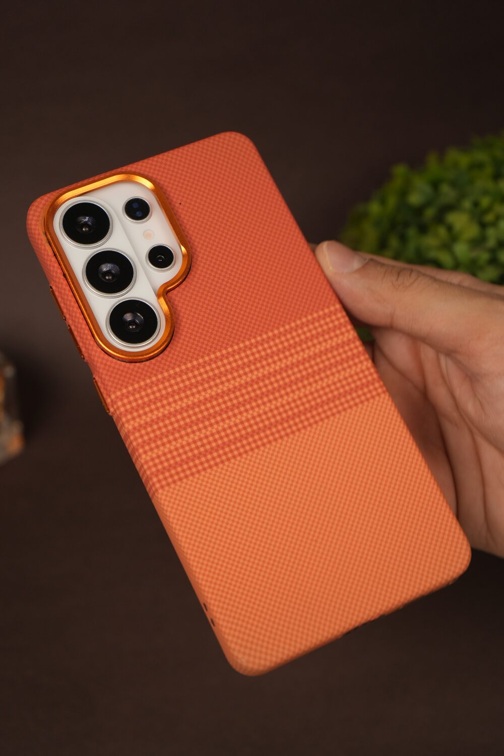 Samsung Galaxy S26 Ultra Carbon Texture Case with Gold Camera Ring — Terracotta Orange