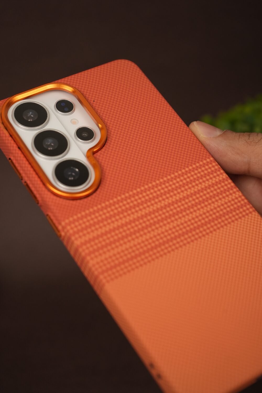 Samsung Galaxy S26 Ultra Carbon Texture Case with Gold Camera Ring — Terracotta Orange