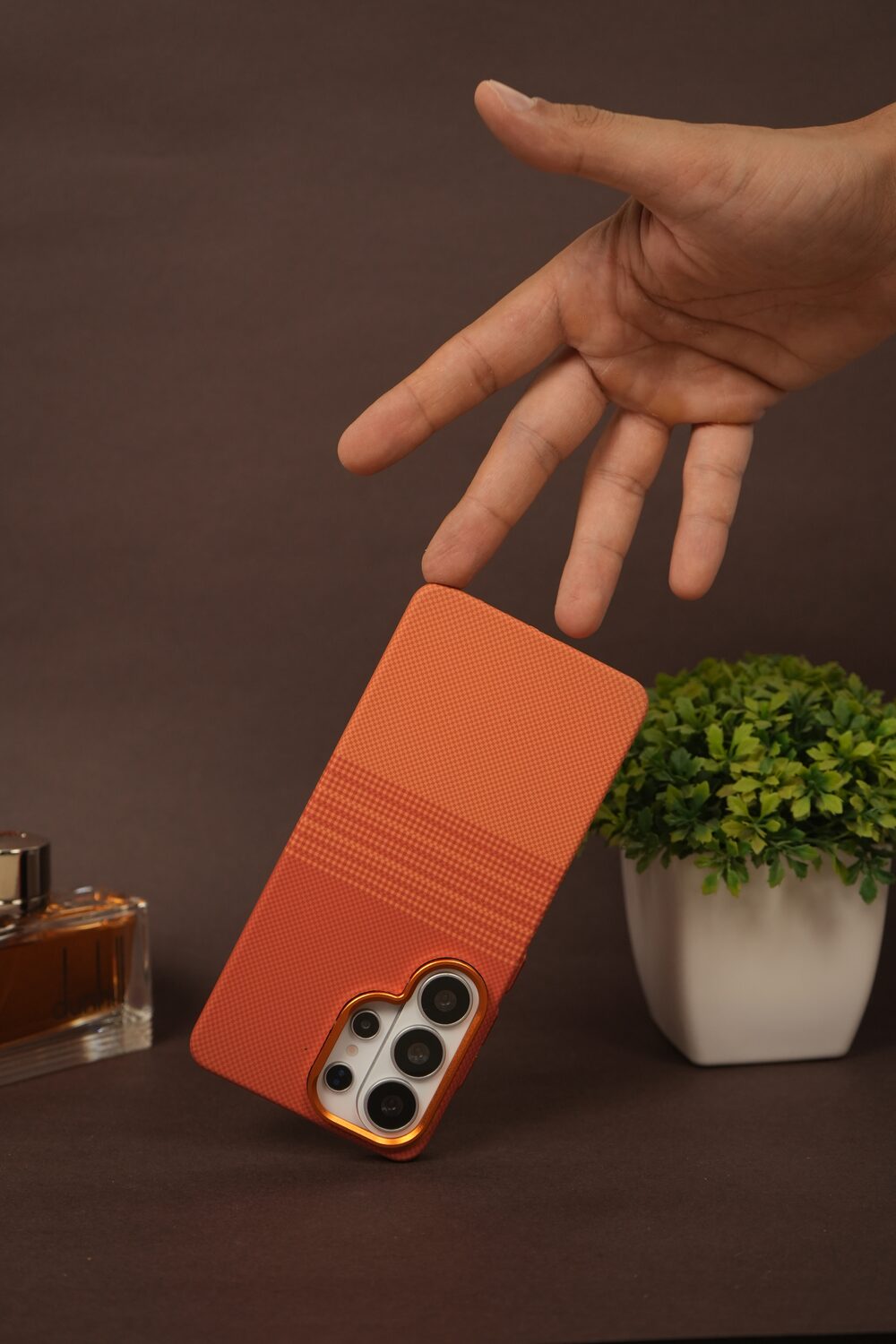 Samsung Galaxy S26 Ultra Carbon Texture Case with Gold Camera Ring — Terracotta Orange